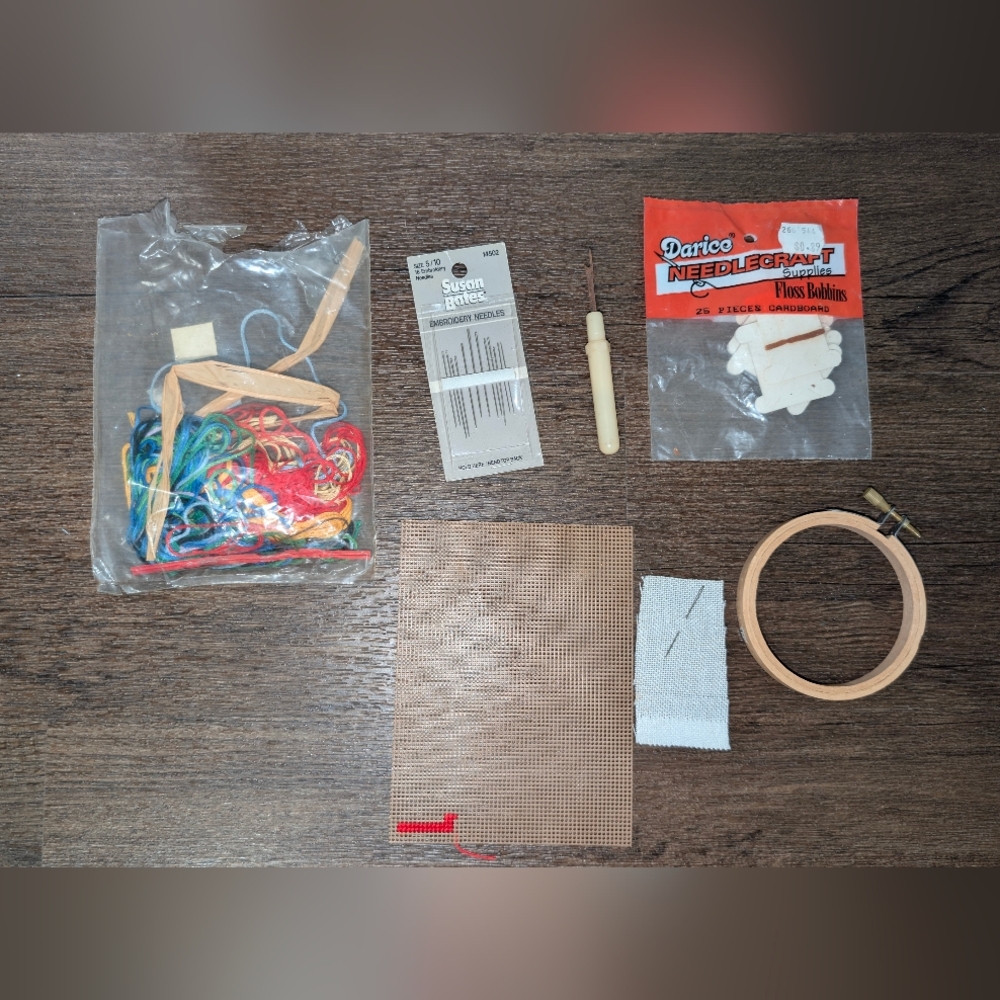 vtg craft lot mini cross stitch hoop seam ripper floss thread  embroidery...